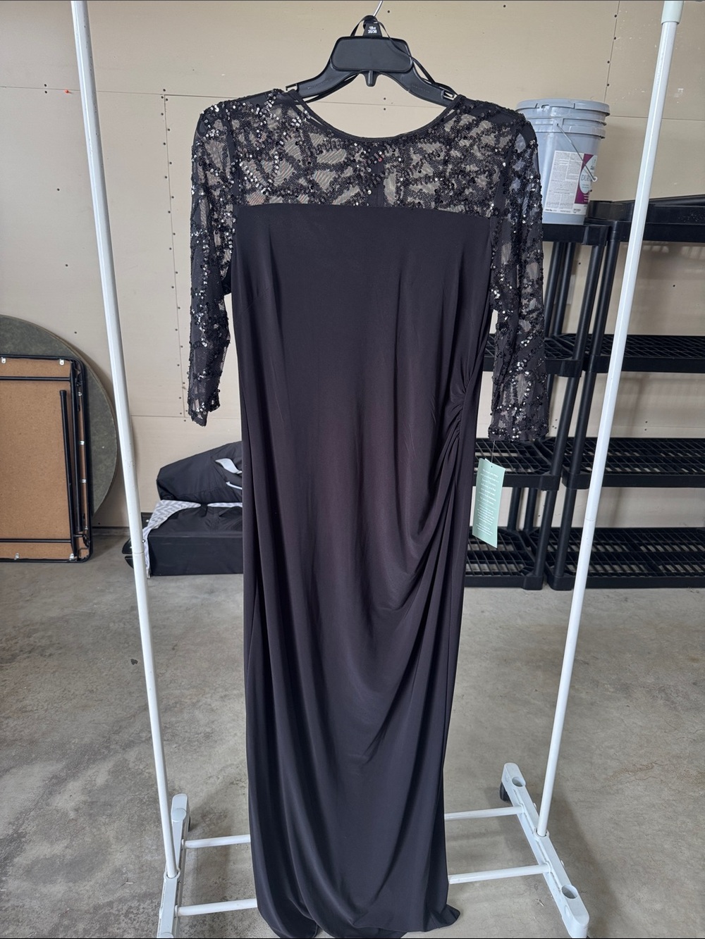Black Sequin Lace Yoke Long Sleeve Evening Gown